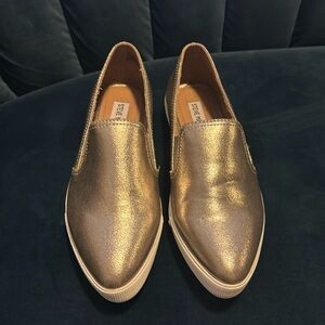 Shimmery gold (or metallic gold) pointed slip-on sneakers, size 8